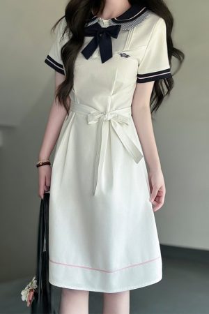 White Doll Collar Embroidered Waist-Tie Dress in College Style for Women - Summer Pudding Bear JK Uniform Inspired Fashion