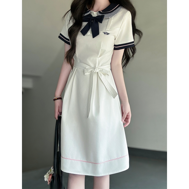 White Doll Collar Embroidered Waist-Tie Dress in College Style for Women - Summer Pudding Bear JK Uniform Inspired Fashion White Doll Collar Embroidered Waist-Tie Dress in College Style for Women - Summer Pudding Bear JK Uniform Inspired Fashion