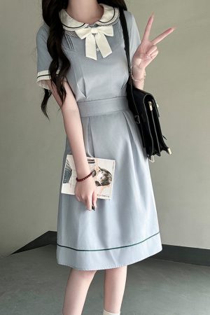 White Doll Collar Embroidered Waist-Tie Dress in College Style for Women - Summer Pudding Bear JK Uniform Inspired Fashion