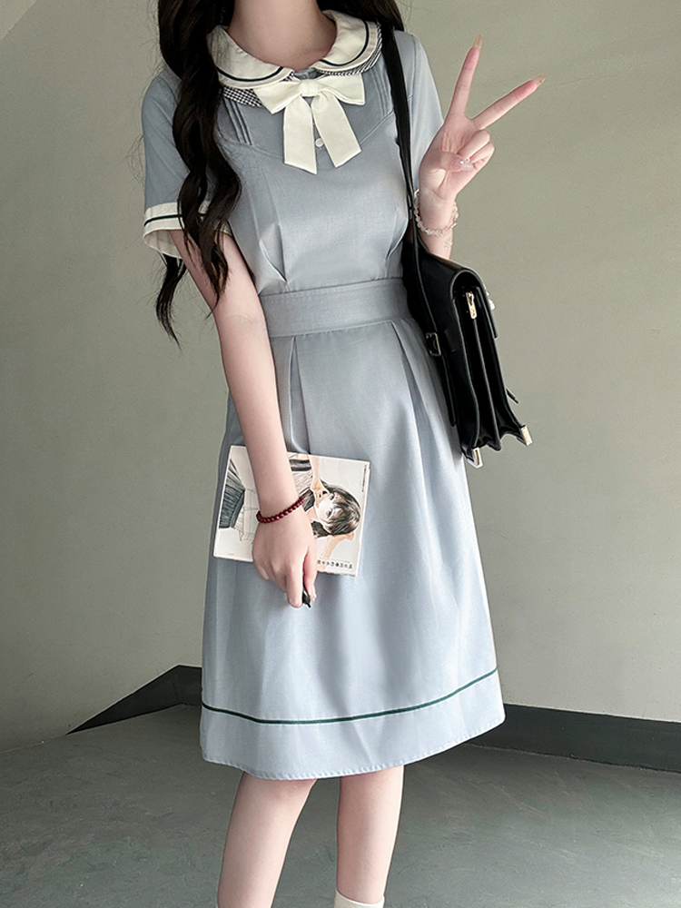 White Doll Collar Embroidered Waist-Tie Dress in College Style for Women - Summer Pudding Bear JK Uniform Inspired Fashion White Doll Collar Embroidered Waist-Tie Dress in College Style for Women - Summer Pudding Bear JK Uniform Inspired Fashion