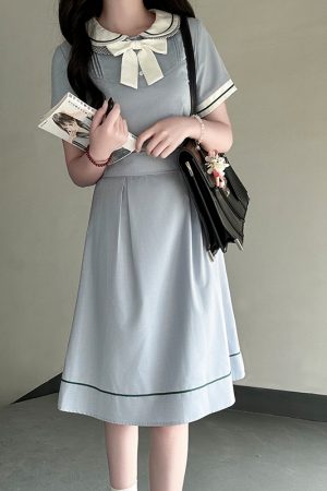 White Doll Collar Embroidered Waist-Tie Dress in College Style for Women - Summer Pudding Bear JK Uniform Inspired Fashion