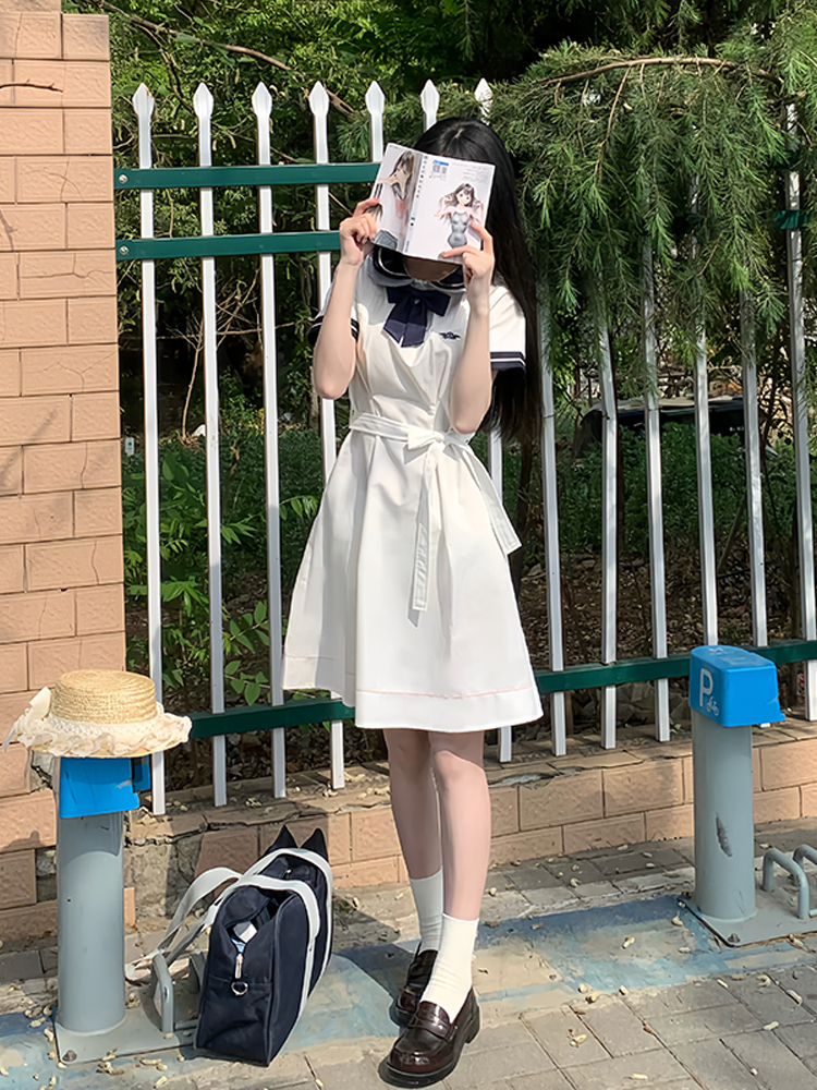 White Doll Collar Embroidered Waist-Tie Dress in College Style for Women - Summer Pudding Bear JK Uniform Inspired Fashion White Doll Collar Embroidered Waist-Tie Dress in College Style for Women - Summer Pudding Bear JK Uniform Inspired Fashion