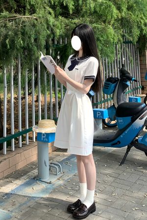 White Doll Collar Embroidered Waist-Tie Dress in College Style for Women - Summer Pudding Bear JK Uniform Inspired Fashion