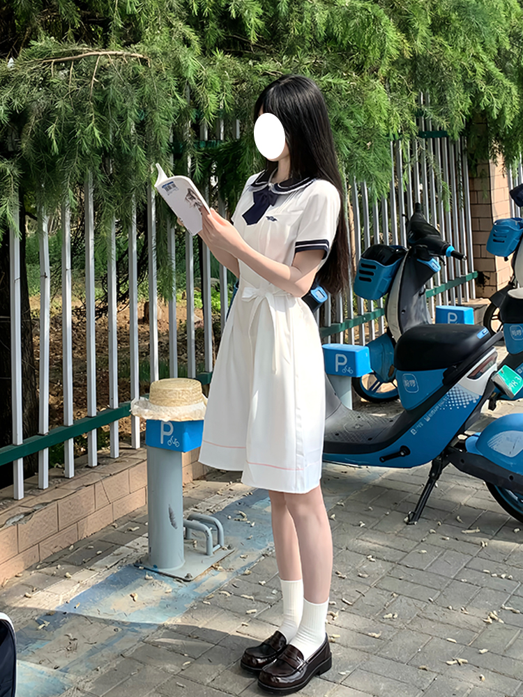 White Doll Collar Embroidered Waist-Tie Dress in College Style for Women - Summer Pudding Bear JK Uniform Inspired Fashion White Doll Collar Embroidered Waist-Tie Dress in College Style for Women - Summer Pudding Bear JK Uniform Inspired Fashion