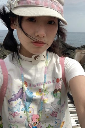 White Dolphin Print Short Sleeve T-Shirt for Women, Fitted Summer Top, Sweet and Spicy American Style, Y2K Fashion