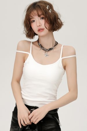 White Double-Strap Camisole for Women - Summer Layering Top with Chest Pads, Sexy Back Design, Perfect for Y2K and Korean Style Fashion