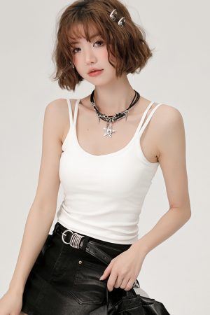 White Double-Strap Camisole for Women - Summer Layering Top with Chest Pads, Sexy Back Design, Perfect for Y2K and Korean Style Fashion