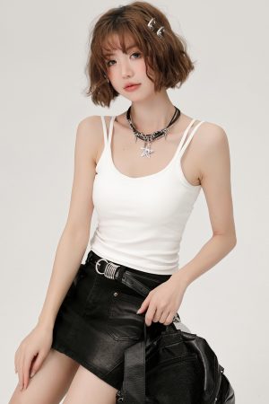 White Double-Strap Camisole for Women - Summer Layering Top with Chest Pads, Sexy Back Design, Perfect for Y2K and Korean Style Fashion