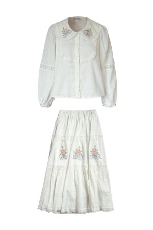 White Embroidered Lace Linen Shirt and Autumn Skirt Set for Women - Vintage Floral Design, Perfect for 90s and Y2K Style