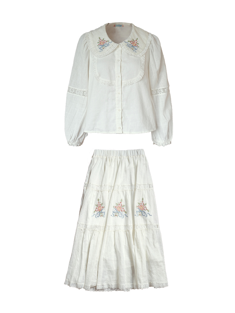 White Embroidered Lace Linen Shirt and Autumn Skirt Set for Women - Vintage Floral Design, Perfect for 90s and Y2K Style White Embroidered Lace Linen Shirt and Autumn Skirt Set for Women - Vintage Floral Design, Perfect for 90s and Y2K Style