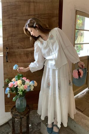 White Embroidered Lace Linen Shirt and Autumn Skirt Set for Women - Vintage Floral Design, Perfect for 90s and Y2K Style