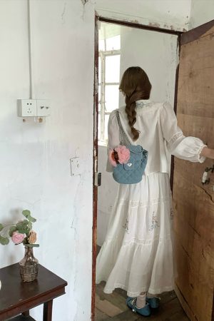 White Embroidered Lace Linen Shirt and Autumn Skirt Set for Women - Vintage Floral Design, Perfect for 90s and Y2K Style