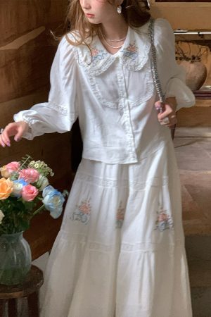 White Embroidered Lace Linen Shirt and Autumn Skirt Set for Women - Vintage Floral Design, Perfect for 90s and Y2K Style