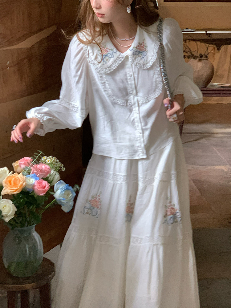 White Embroidered Lace Linen Shirt and Autumn Skirt Set for Women - Vintage Floral Design, Perfect for 90s and Y2K Style White Embroidered Lace Linen Shirt and Autumn Skirt Set for Women - Vintage Floral Design, Perfect for 90s and Y2K Style