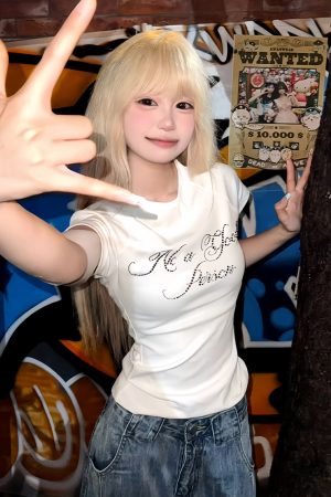 White Fitted Short-Sleeve Women's Summer Letter Print T-Shirt - Vintage American Retro Spicy Girl Top for Y2K Style