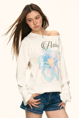White Floral Print Off-Shoulder T-Shirt for Women, Summer Loose Relaxed Sun Protection Cover-Up, Casual 90s Style Top