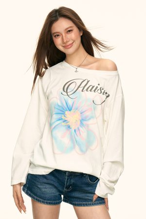 White Floral Print Off-Shoulder T-Shirt for Women, Summer Loose Relaxed Sun Protection Cover-Up, Casual 90s Style Top