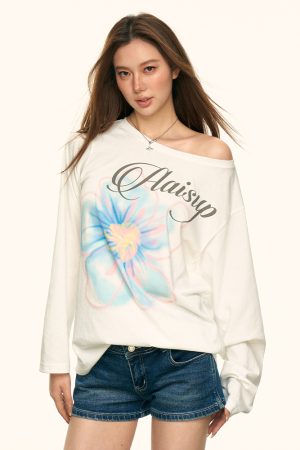 White Floral Print Off-Shoulder T-Shirt for Women, Summer Loose Relaxed Sun Protection Cover-Up, Casual 90s Style Top