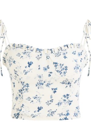 White Floral Ruffled Slim Fit Camisole Top - 2025 French Style Women's Fashion, Unique Design, Perfect for Spring & Summer