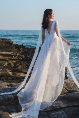 White Flowing Long Dress with Straps - Floor-Length Ethereal Wedding & Beach Dress for Seaside Photos, Boho Style