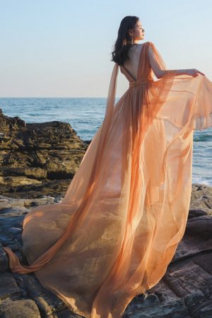 White Flowing Long Dress with Straps - Floor-Length Ethereal Wedding & Beach Dress for Seaside Photos, Boho Style