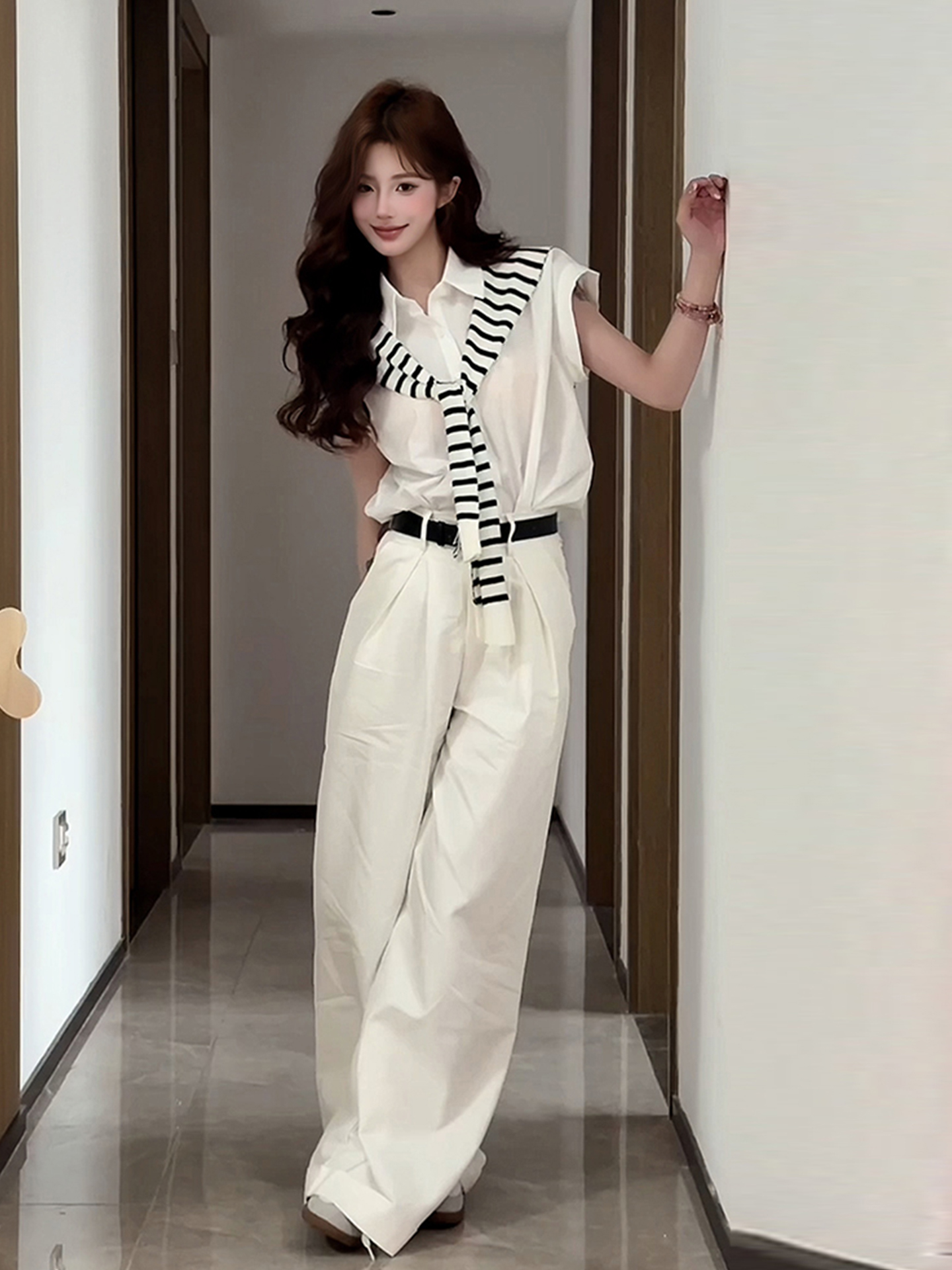 White Flutter Sleeve Short Sleeve Shirt for Women - French Style Summer Shawl Jacket, Loose Slimming Two-Piece Set, Trendy Fashion Top White Flutter Sleeve Short Sleeve Shirt for Women - French Style Summer Shawl Jacket, Loose Slimming Two-Piece Set, Trendy Fashion Top