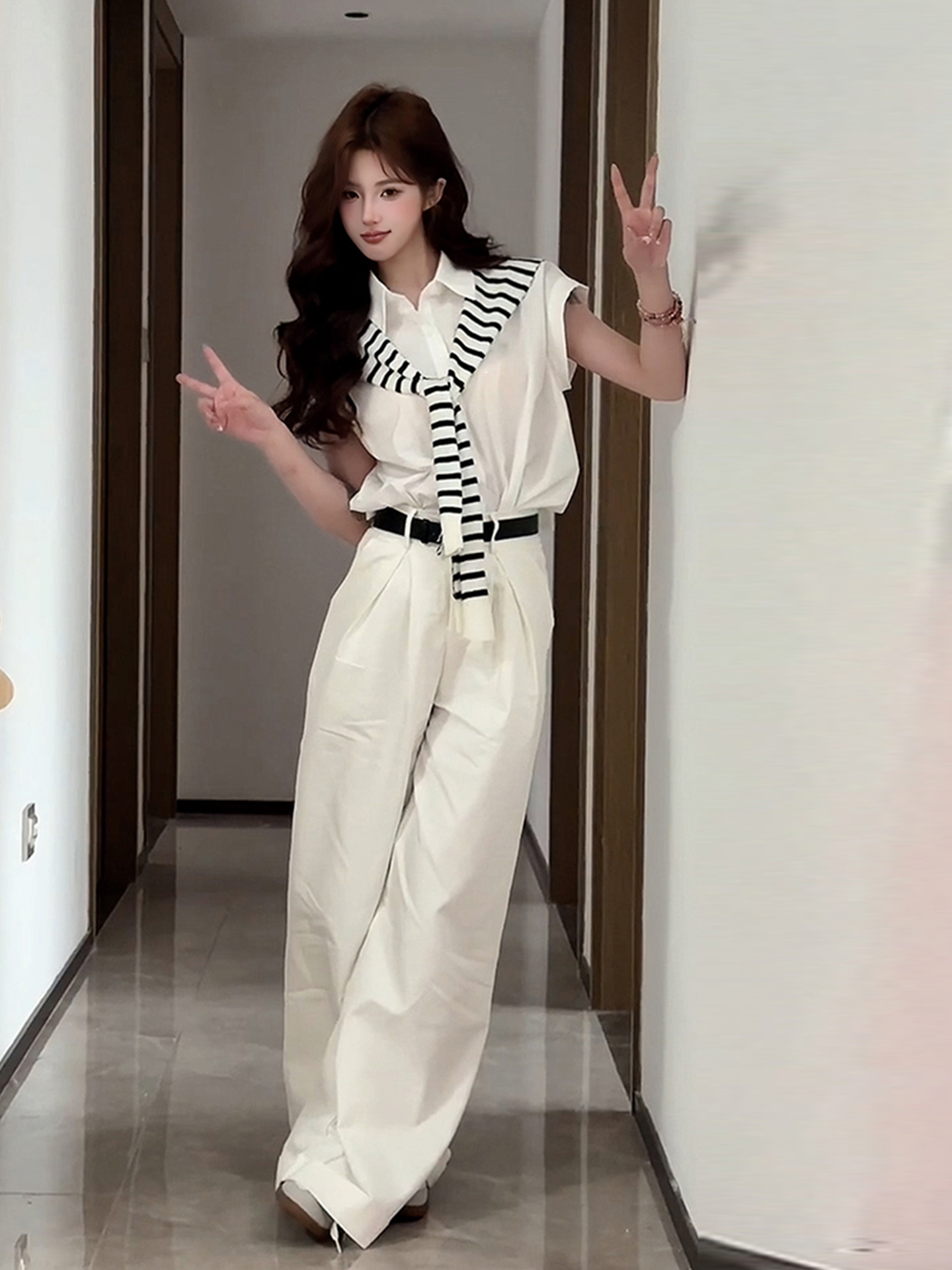 White Flutter Sleeve Short Sleeve Shirt for Women - French Style Summer Shawl Jacket, Loose Slimming Two-Piece Set, Trendy Fashion Top White Flutter Sleeve Short Sleeve Shirt for Women - French Style Summer Shawl Jacket, Loose Slimming Two-Piece Set, Trendy Fashion Top