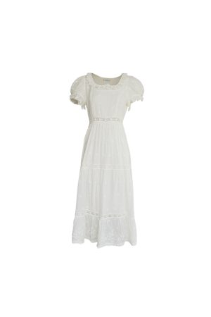 White French Cotton Short Sleeve Square Neck Dress with Puff Sleeves - Vintage Inspired Summer Dress for Women, 90s Style