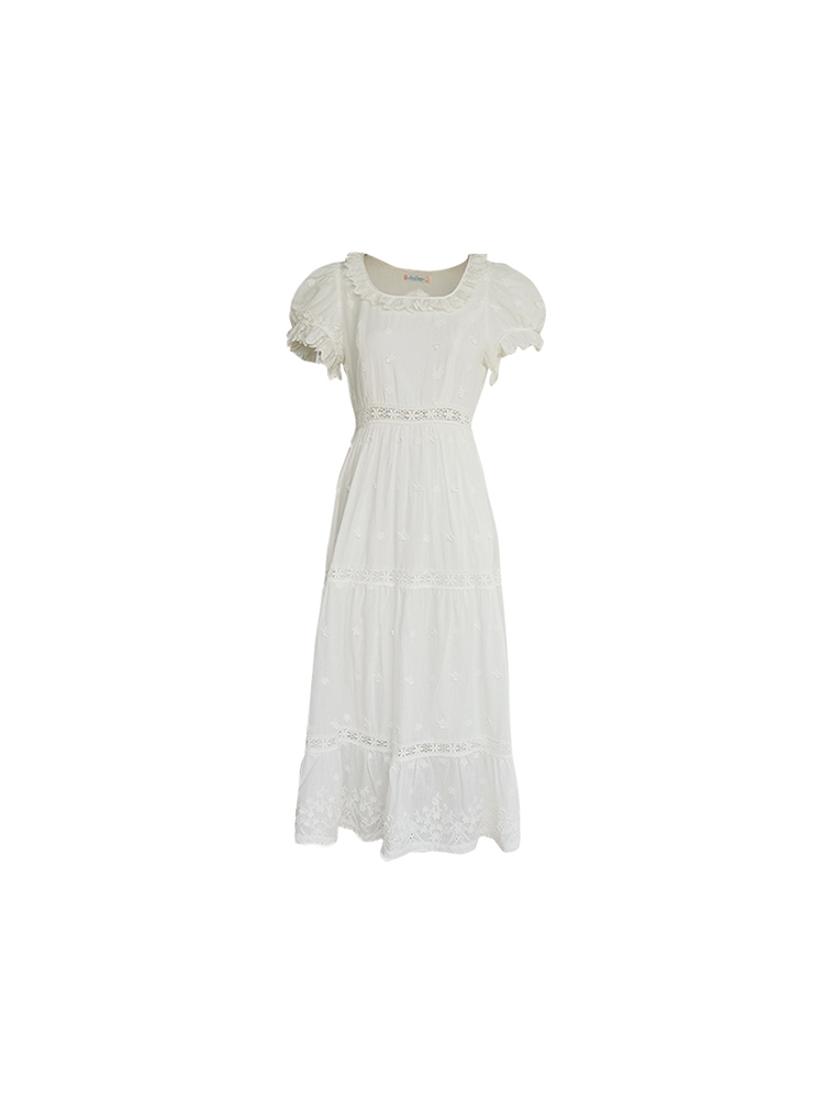 White French Cotton Short Sleeve Square Neck Dress with Puff Sleeves - Vintage Inspired Summer Dress for Women, 90s Style White French Cotton Short Sleeve Square Neck Dress with Puff Sleeves - Vintage Inspired Summer Dress for Women, 90s Style