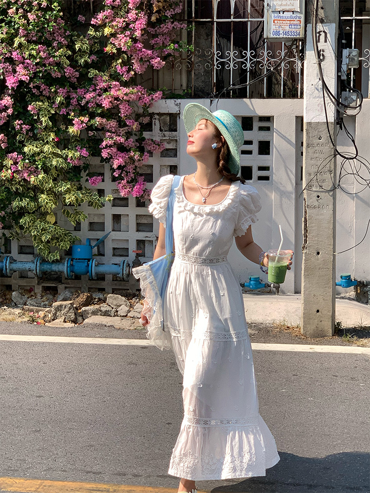 White French Cotton Short Sleeve Square Neck Dress with Puff Sleeves - Vintage Inspired Summer Dress for Women, 90s Style White French Cotton Short Sleeve Square Neck Dress with Puff Sleeves - Vintage Inspired Summer Dress for Women, 90s Style