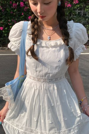 White French Cotton Short Sleeve Square Neck Dress with Puff Sleeves - Vintage Inspired Summer Dress for Women, 90s Style