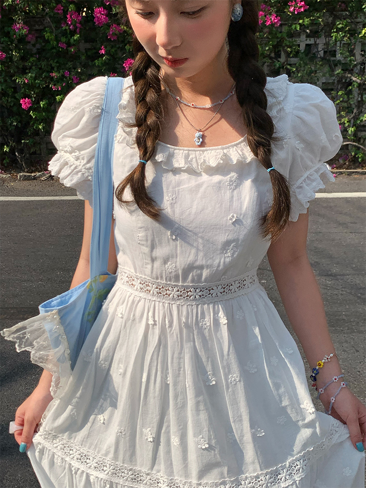 White French Cotton Short Sleeve Square Neck Dress with Puff Sleeves - Vintage Inspired Summer Dress for Women, 90s Style White French Cotton Short Sleeve Square Neck Dress with Puff Sleeves - Vintage Inspired Summer Dress for Women, 90s Style