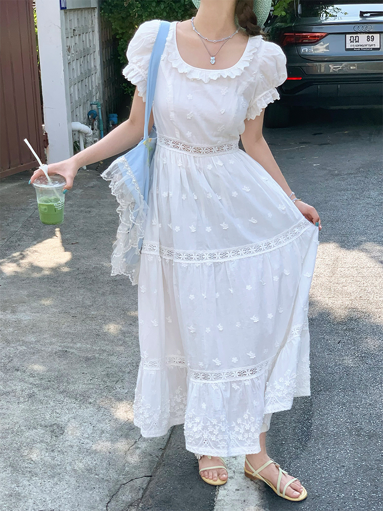 White French Cotton Short Sleeve Square Neck Dress with Puff Sleeves - Vintage Inspired Summer Dress for Women, 90s Style White French Cotton Short Sleeve Square Neck Dress with Puff Sleeves - Vintage Inspired Summer Dress for Women, 90s Style