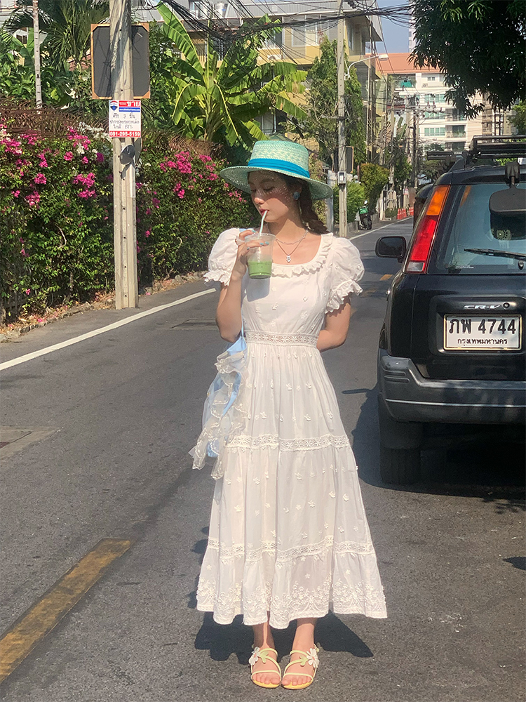 White French Cotton Short Sleeve Square Neck Dress with Puff Sleeves - Vintage Inspired Summer Dress for Women, 90s Style White French Cotton Short Sleeve Square Neck Dress with Puff Sleeves - Vintage Inspired Summer Dress for Women, 90s Style