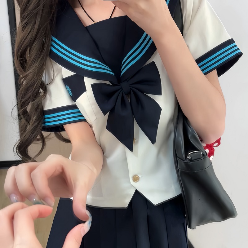 White JK Uniform Sailor Suit with Camellia Design - Women's Waist-Defined College Style Summer Short Sleeve Set White JK Uniform Sailor Suit with Camellia Design - Women's Waist-Defined College Style Summer Short Sleeve Set