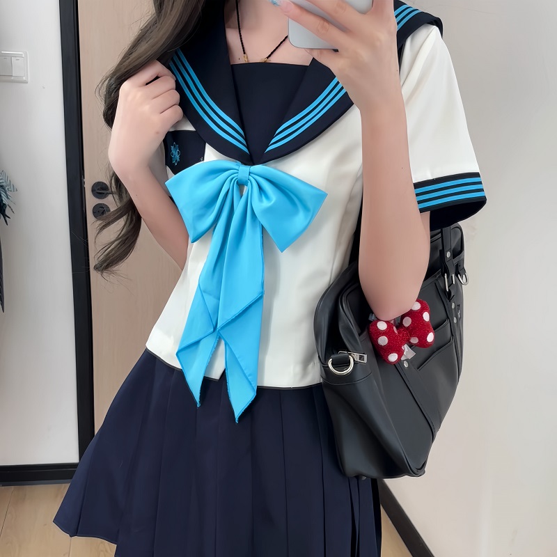 White JK Uniform Sailor Suit with Camellia Design - Women's Waist-Defined College Style Summer Short Sleeve Set White JK Uniform Sailor Suit with Camellia Design - Women's Waist-Defined College Style Summer Short Sleeve Set