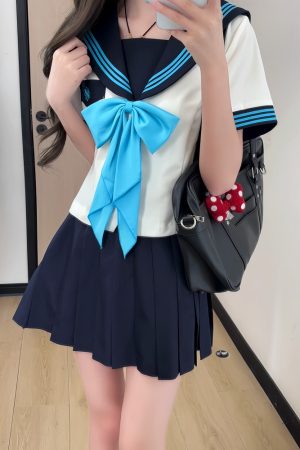 White JK Uniform Sailor Suit with Camellia Design - Women's Waist-Defined College Style Summer Short Sleeve Set