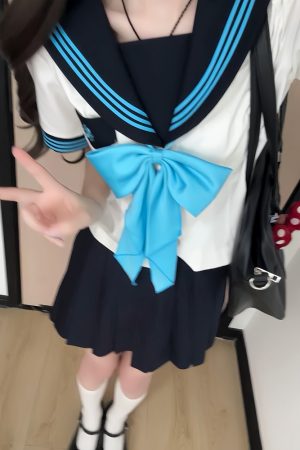 White JK Uniform Sailor Suit with Camellia Design - Women's Waist-Defined College Style Summer Short Sleeve Set