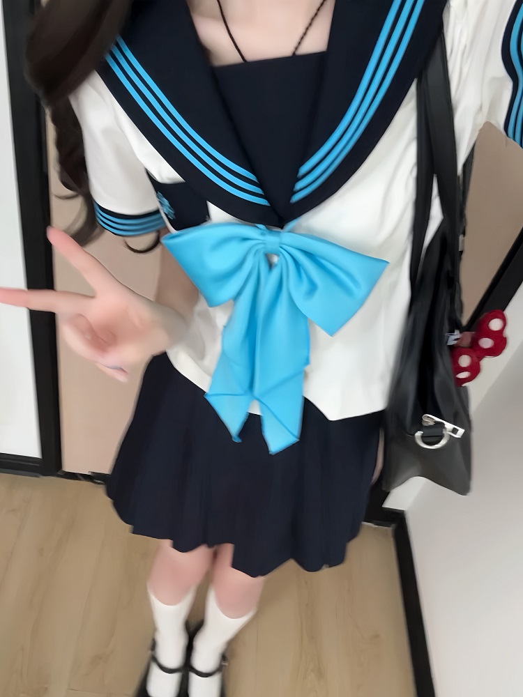 White JK Uniform Sailor Suit with Camellia Design - Women's Waist-Defined College Style Summer Short Sleeve Set White JK Uniform Sailor Suit with Camellia Design - Women's Waist-Defined College Style Summer Short Sleeve Set