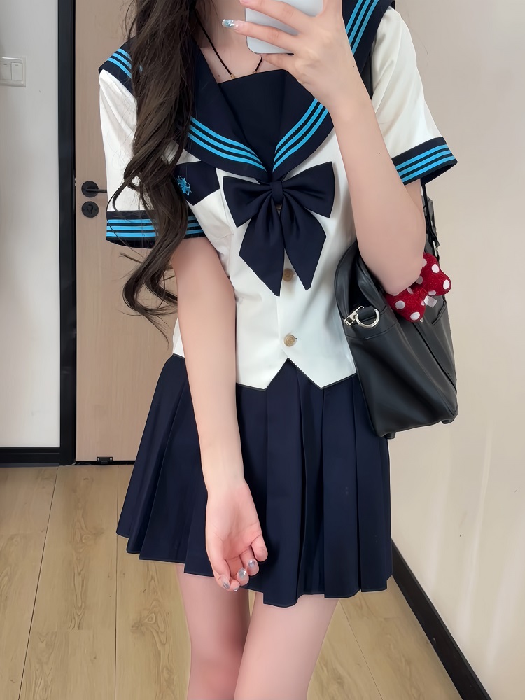 White JK Uniform Sailor Suit with Camellia Design - Women's Waist-Defined College Style Summer Short Sleeve Set White JK Uniform Sailor Suit with Camellia Design - Women's Waist-Defined College Style Summer Short Sleeve Set