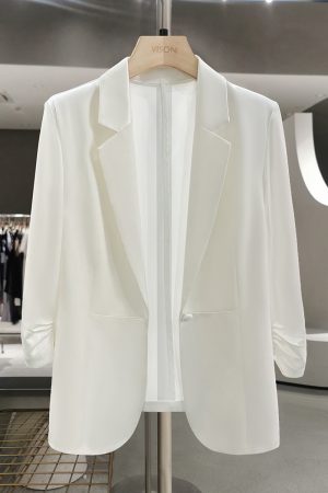 White Korean-Style Thin Blazer for Women - 2025 Summer Trendy Draping Acetate Suit, Age-Reducing Fashion