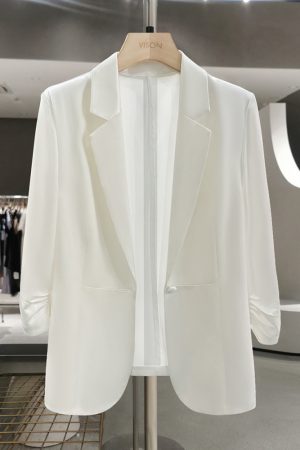 White Korean-Style Thin Blazer for Women - 2025 Summer Trendy Draping Acetate Suit, Age-Reducing Fashion