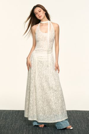 White Lace Jacquard Halter Dress for Women - Summer High-End Vacation Style, Waist-Cinching Slimming Floral Design