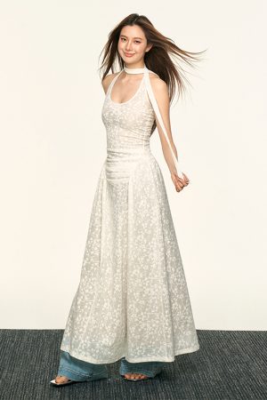 White Lace Jacquard Halter Dress for Women - Summer High-End Vacation Style, Waist-Cinching Slimming Floral Design