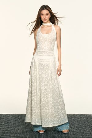 White Lace Jacquard Halter Dress for Women - Summer High-End Vacation Style, Waist-Cinching Slimming Floral Design