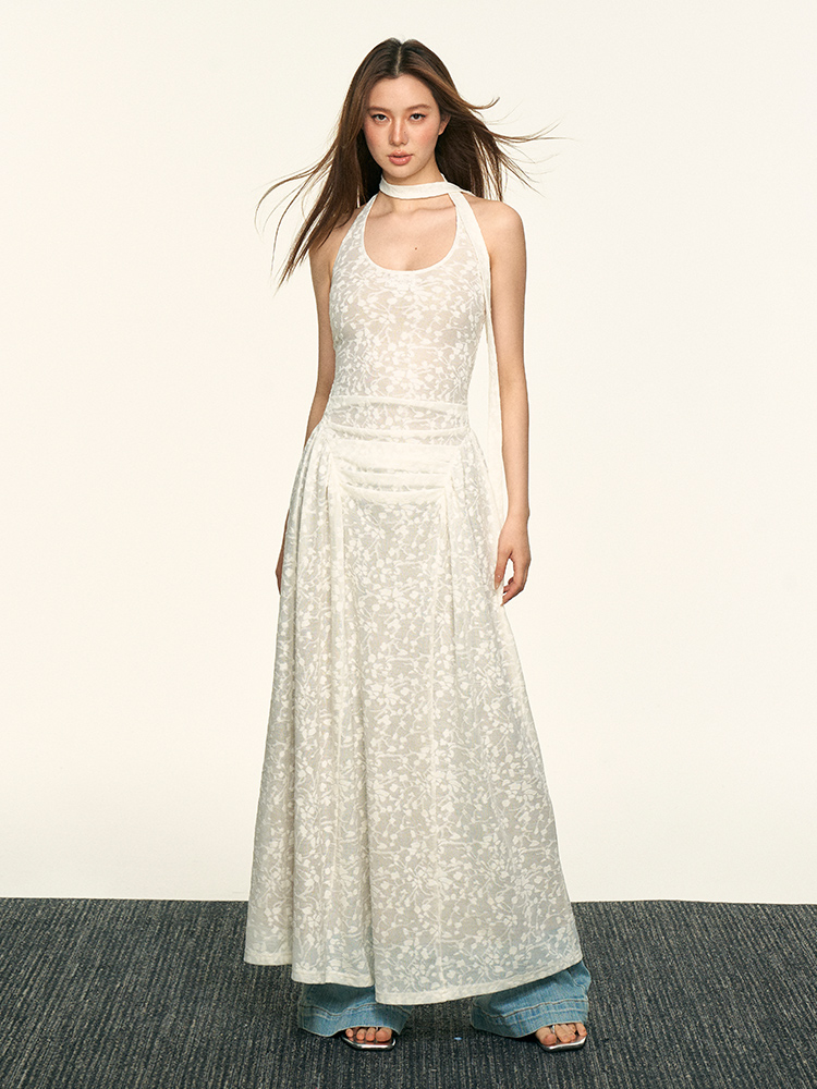 White Lace Jacquard Halter Dress for Women - Summer High-End Vacation Style, Waist-Cinching Slimming Floral Design White Lace Jacquard Halter Dress for Women - Summer High-End Vacation Style, Waist-Cinching Slimming Floral Design