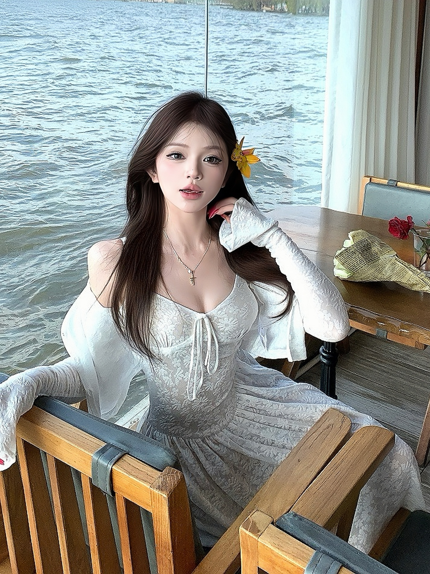 White Lace Jacquard Long Dress Set with Stretchy Camisole - Stylish French-Inspired Design for Effortless Elegance White Lace Jacquard Long Dress Set with Stretchy Camisole - Stylish French-Inspired Design for Effortless Elegance