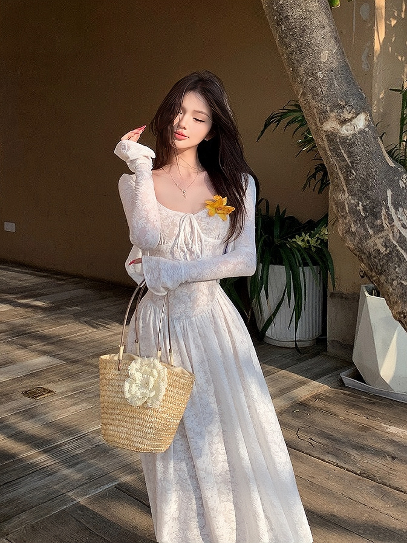 White Lace Jacquard Long Dress Set with Stretchy Camisole - Stylish French-Inspired Design for Effortless Elegance White Lace Jacquard Long Dress Set with Stretchy Camisole - Stylish French-Inspired Design for Effortless Elegance