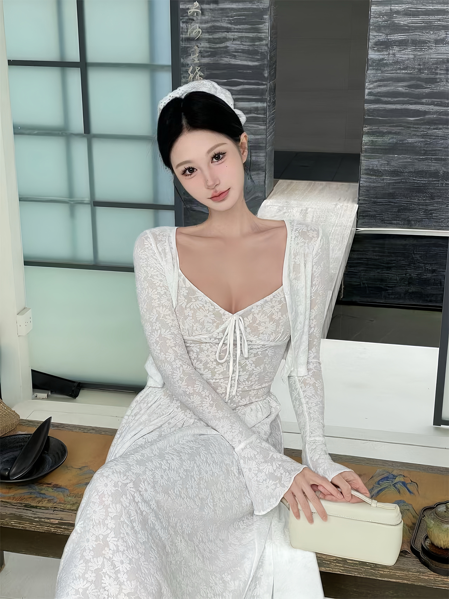 White Lace Jacquard Long Dress Set with Stretchy Camisole - Stylish French-Inspired Design for Effortless Elegance White Lace Jacquard Long Dress Set with Stretchy Camisole - Stylish French-Inspired Design for Effortless Elegance