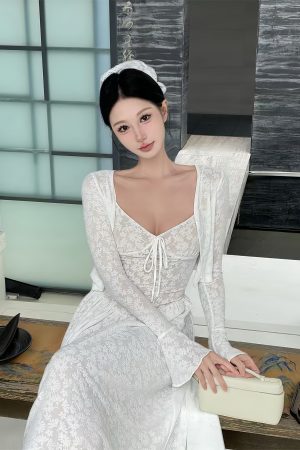 White Lace Jacquard Long Dress Set with Stretchy Camisole - Stylish French-Inspired Design for Effortless Elegance